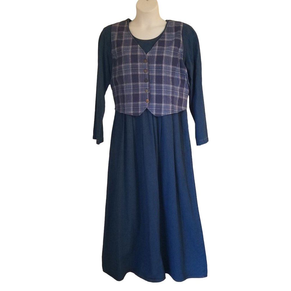 Blue Long Sleeve Maxi Dress with Plaid Vest